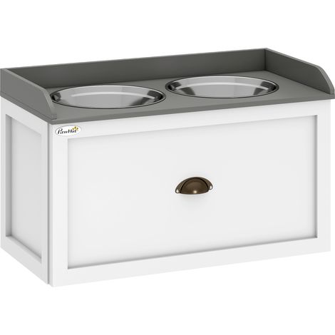Ensemble double gamelles pour chiens et chats – meuble de rangement surélevé 2 en 1 avec tiroir, 2 gamelles – acier inoxydable. MDF blanc et gris. (1/5)