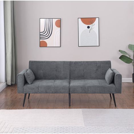 Sofá cama convertible gris en tela de pana con respaldo ajustable y patas metálicas (1/5)