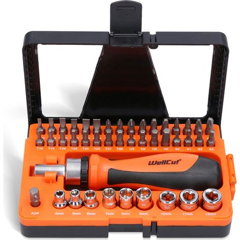 WellCut Set di cacciaviti magnetici a cricchetto, 44 pezzi, con manico girevole e accessori, manico antiscivolo per lavoro a casa fai da te, riparazione rapida, nero e arancione (1/5)