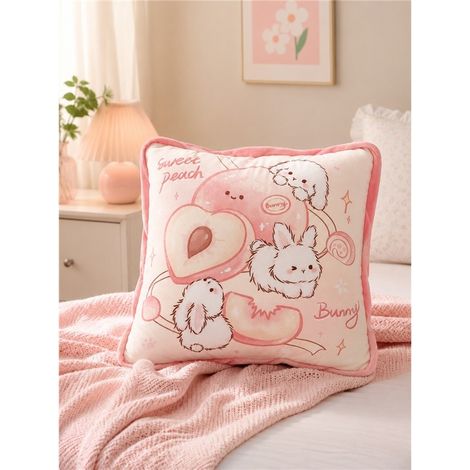 Coussin peluche lapin rose 38x38 cm doux moelleux décoration chambre enfant canapé doudou confortable style kawaii (1/5)