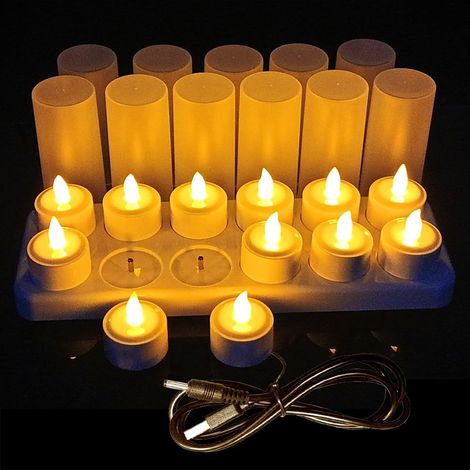 Lot de 12 Bougie LED Rechargeable Bougies à Électrique LED Flamme Vacillante avec Station de Charge Décoration pour Noël Anniversaire Mariage Dîner Votive Restaurant Hôtel Café Bar, (Jaune) (1/5)