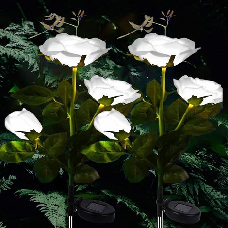 Solar-Gartenleuchten – 2er-Pack Solar-Wegeleuchten, dekorative LED-Solarleuchten für den Außenbereich mit 6 Rosenblüten, für Rasen, Garten, Wege, Wegdekoration (weiß) (1/5)