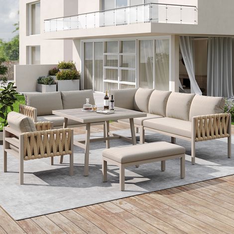 Salotto da giardino struttura in ferro zincato, piano del tavolo in vetro temperato, con cuscini per seduta e schienale, beige