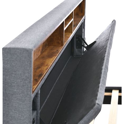 Lit double avec espace de rangement. Lit équipé d’une lumière LED. Structure du lit en bois, dimensions 140×200 cm. Couleur grise (sans matelas). (1/5)