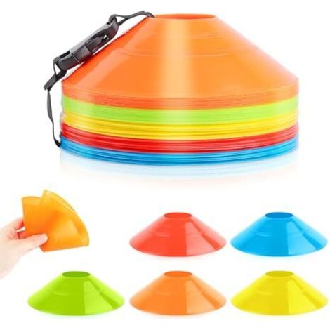 Coni da allenamento per il calcio – Set di 5 coni colorati per la segnalazione del campo, con disco stabilizzatore e cinturino con fibbia di fissaggio.