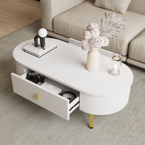 Mesa de centro 108x50x40 cm blanca y dorada de MDF con 2 cajones y esquinas redondeadas (1/5)
