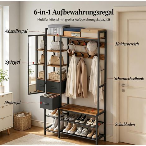 Multifunktionale Garderobe mit Spiegel, Haken und Schuhregal, schwarz-braun (1/2)