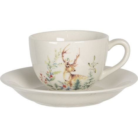Tasse et Soucoupe en Céramique Blanche avec Décor Rural de Cerf et Arbres Colorés 200 ml - PANGIVO (1/5)