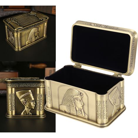 Boîte à bijoux élégante rectangulaire en métal doublée de velours, style égyptien (1/5)