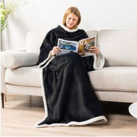 Classy Couverture confortable TV couverture complète du corps avec manches et poches couverture chaude sherpa en micropeluche des deux côtés pour femmes hommes adultes 170 x 120 cm, Noir (1/4)