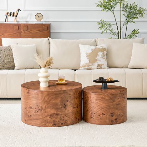 Ensemble de 2 tables basses rondes gigognes avec rangement, en MDF imitation bois, d'environ 62,8 cm/44 cm de diamètre, avec couvercle amovible et compartiment de rangement. (1/4)