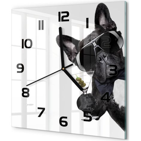 Horloge Murale Carrée Décorative en Verre Trempé Silencieuse pour Chambre Chien martini 30x30 cm (1/5)
