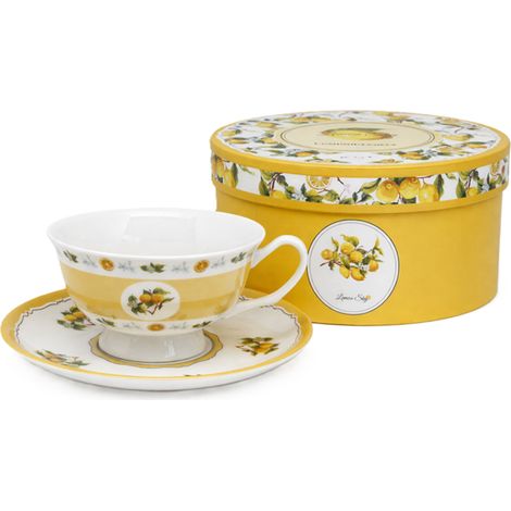 Taza y platillo de porcelana color limón de 220 ml, perfectos para regalar. (1/5)