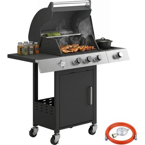 Barbecue à gaz avec 3 brûleurs principaux et un gril latéral, dimensions 109x50x109 cm, noir., idéal pour le camping, les pique-niques et les repas en plein air (1/5)