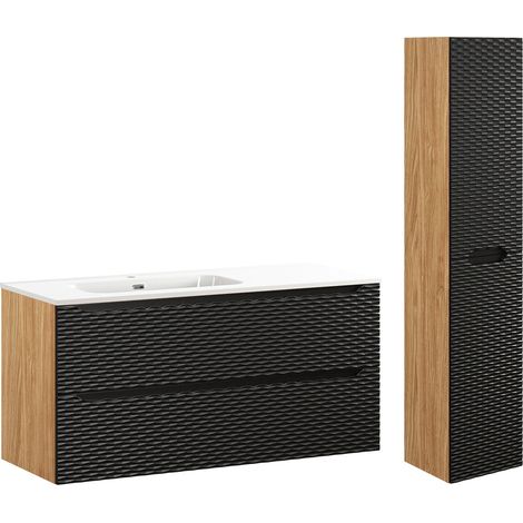 Conjunto de muebles con lavabo individual encastrado lado izquierdo 120cm 2 cajones y columna Elora Negro y madera (1/4)