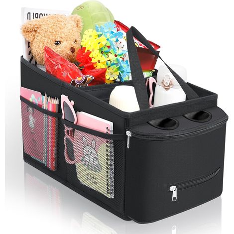 Organisateur Voiture, Rangement Voiture Interieur Détachable et Piable Boîte de Rangement Enfant avec Séparation, Poches en filet à Côté Deux Poignée de Main Accesoire pour Siège ou Coffre
