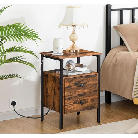 Bedside Table, Side Table with Charging Station, 2 USB Ports and 2 Sockets, End Table with 2 Drawers, Sofa Side Table, Nightstand for Living Room, Bedroom, HOOBRO EBF43KBZ01G2 (1/5)