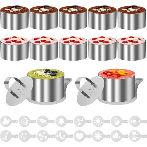 12 Cercle a Patisserie (Ø8 cm), 2 couvercles, 2 bases et 16 gabarits décoratifs, cercle à dessert en inox, cercle de service, petit cercle à gâteau adapté pour mousse, beignets, puddings (1/5)