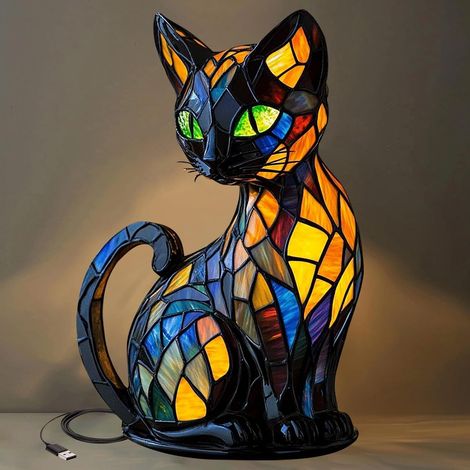 Lampe chat générique en vitrail, lampe chat pour amoureux des chats, lampe chat lumineuse, lampe de table chat rétro [Classe (L032) (1/5)