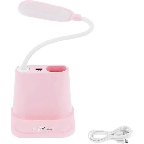 Lampe de bureau multifonctionnelle avec porte-stylo et chargement USB, lumière blanche idéale pour les étudiants, lumière chaude, petite lampe de table, rose