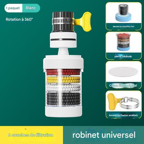 Filtre universel pour robinet - Filtration 6 couches - Anti-éclaboussures - 2 blanc+ 1 boîte de coton filtrant (1/5)