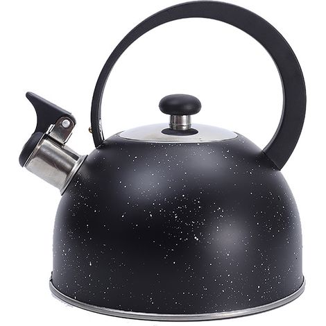Schwarzer Edelstahl-Wasserkocher (2,5 l) mit Pfeifton, breitem Ausguss und mondförmigem Griff für den Herd (1/5)
