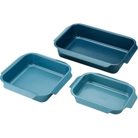 Antihaftbeschichtete Bratbleche, Joseph Joseph, Nest Backofen, set de 3 Bleche, platzsparend, einfache Handhabung, Carbonstahl, backofenfest, Farbe blau (1/5)
