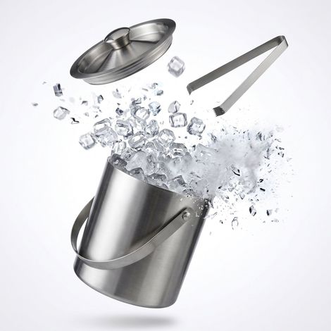 Relaxdays Eisbehälter rund mit Deckel, Eiszange, Eiswürfel-Kühler für Bar, Party, 1,5 Liter, HBT: 17 x 15 x 15cm, silber (1/5)