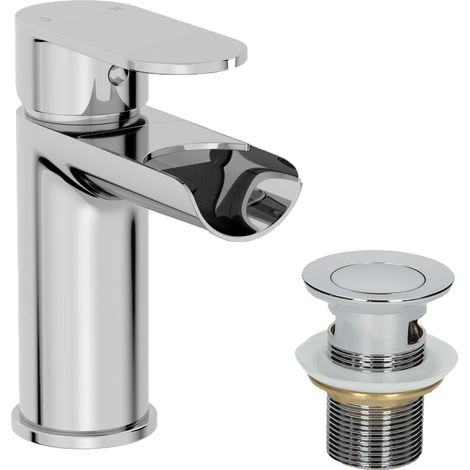 Bathroom Waterfall Mono Basin Mixer Tap Waste Round Lever Handle (1/5)