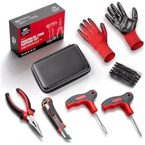 Kit de réparation pneus – crevaison voiture La solution idéale pour voiture, moto, camion, camionnette 20 cordes et étui rangement Rouge vif - (1/5)