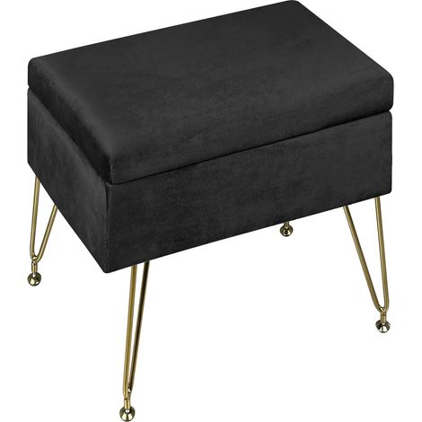 Pouf Contenitore Poggiapiedi Velluto Con Struttura Circolare Cromata Oro Elegante Imbottito Sgabello Per Toeletta Mobile Trucco Ottomano Ingresso Camera Da Letto Soggiorno Salotto Rotondo Nero