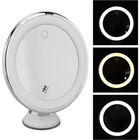 Miroir Cosmetique - Grossissement 10X - 3 Couleurs Lumiere - Ventouse - Sans Fil - 20 Cm (1/4)