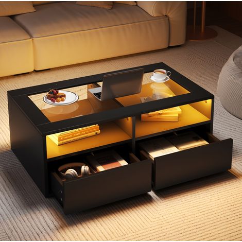Tavolino da salotto con illuminazione LED, 2 cassetti e 2 vani aperti, vetro temperato, nero HAVRYA (1/5)