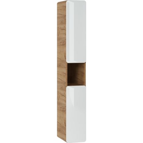 Colonne salle de bain ERBANO – Eichenholz hell und hochglanz weiß – 25x170 cm – 3 Türen – Zum Aufhängen