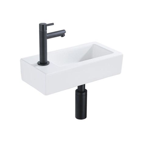 FugaFlow Efficiente Pietra Ensemble de fontaine - 37,5x18,5x9cm - céramique - trou de robinet à gauche - robinet de fontaine noir mat - bouchon de (1/5)