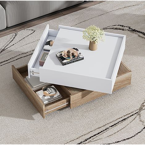 Table basse 60x60x38 cm blanc et noyer, plateau rotatif 360°, 2 tiroirs, panneaux de bois MEUBLIV (1/5)