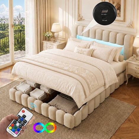 Lit Capitonné Coffre 160x200 cm, à bulles, tête de lit avec éclairage LED, fonction de charge USB Tpye C et Rangement, lit Double avec Rangement, sommier à Lattes, Linge, beige, Matelas Non Inclus