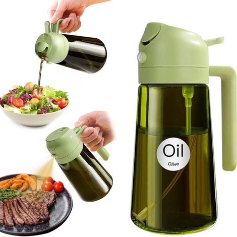 Distributeur d'huile d'olive 2 en 1 - distributeur d'huile d'olive, vaporisateur d'huile, flacon d'huile - 470 ml - Verseur d'huile - Pour la cuisine - Plastique - Vert (1/5)