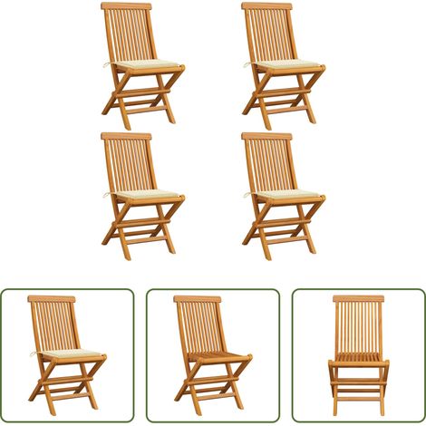 Teakholz - Gartenstühle mit Cremeweißen Kissen 4 Stk. Teak Massivholz (1/5)