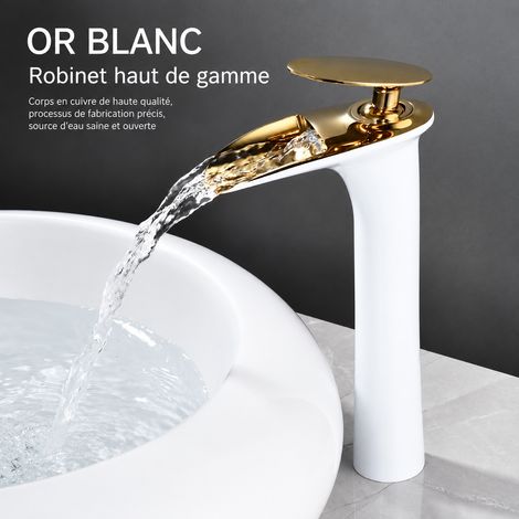 Mitigeur Lavabo Laiton blanc et or cascade modèle haut pour Vasque à Poser sans tuyaux d'arrivée d'eau – Livraison gratuite