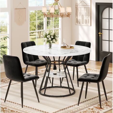 Juego de comedor (100x100x76 cm), mesa con efecto marmol, 4 sillas, MDF y metal, negro (1/5)