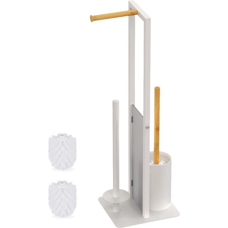 Relaxdays Serviteur WC, non fixe, porte-rouleau, mélange de matériaux, H x L x P : 65 x 21 x 18 cm, blanc et nature (1/5)