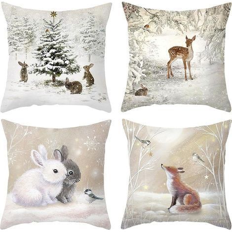 4PCS Taies d'oreiller Animaux Housse de Coussin pour Hiver Noël Nouvel an Lapin Cerf Forêt Sapin de Noël Taie Décorative Sofa Décoration Maison Salon 45 x 45 cm (1/5)