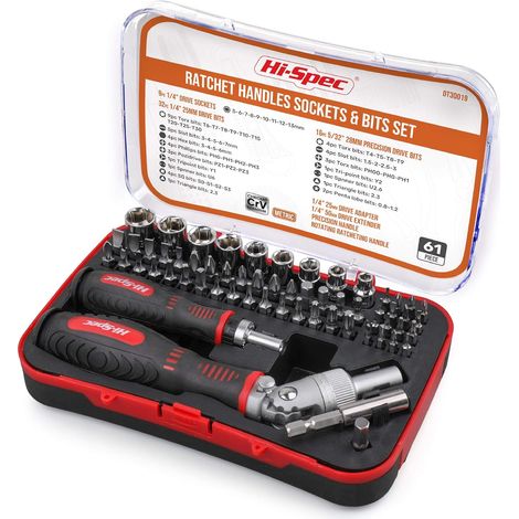 Coffret de 61 embouts et douilles hexagonaux 1/4 pouce, avec poignée à cliquet coudée. Comprend des embouts Torx et des embouts de précision multi-usages pour des réparations faciles. Coffret de range (1/5)
