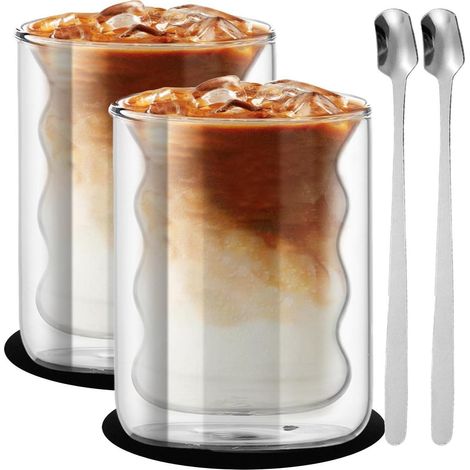 2er Set Latte Macchiato Gläser 200ml Doppelwandig mit Löffeln & Untersetzern
