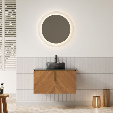 Lavabo mural 76 cm, bol rond transparent sur plateau céramique noir, meuble imitation chêne brun.