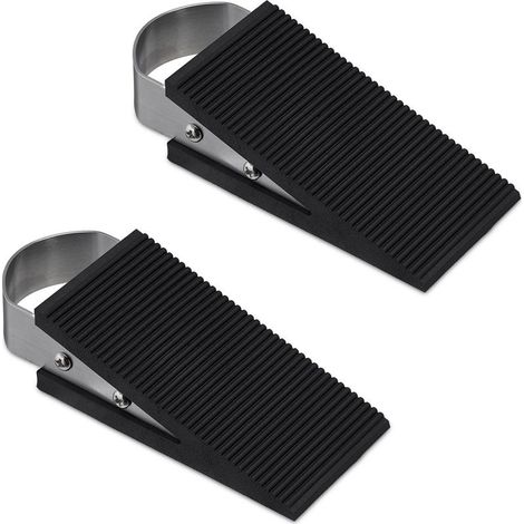 Cale-porte antidérapant lot de 2 Caoutchouc et acier inox Dimensions 3 x 5 x 12 cm Noir et argenté pour portes stables (1/5)