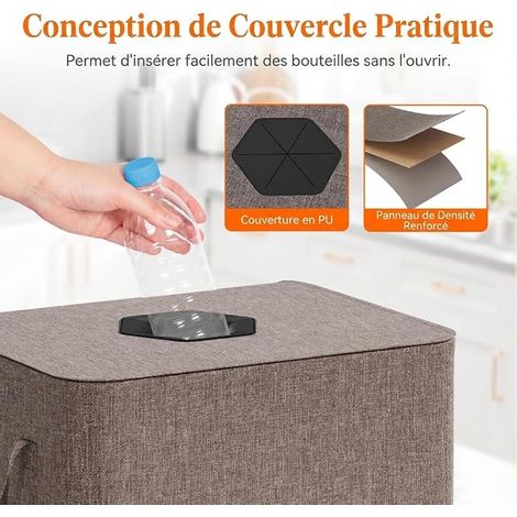 Récipient de collecte de bouteilles consignées avec couvercle, grand récipient de rangement pour bouteilles vides et verres usagés, avec trou pour cuisine, salle de rangement, marron (1/3)