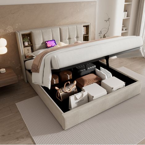 MODFU – Letto matrimoniale contenitore 140x200 cm in lino con ricarica wireless, USB e USB-C, materasso 620 molle, carico 300 kg e Öko-Tex – Naturale (1/5)