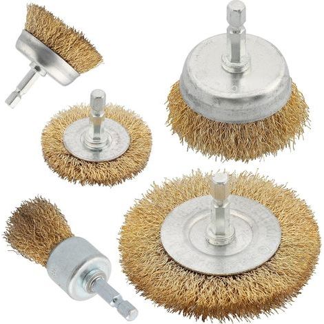 Ensemble de 5 brosses métalliques pour perceuse, brosses en laiton, tige hexagonale de 6,35 mm (1/4 pouce), brosses pour nettoyer la rouille (1/5)